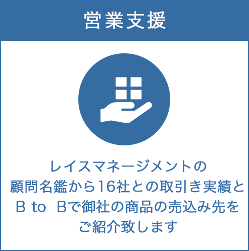 営業支援についてレイスマネージメントの顧問名鑑から16社との取引き実績とB to  Bで御社の商品の売込み先をご紹介致します